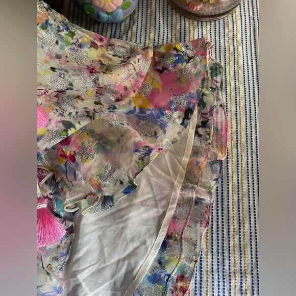 Rococo Sand Floral Leila Metallic Stars Mini Dress Sz XS Wrap Viscose Lined NWT - Picture 14 of 17